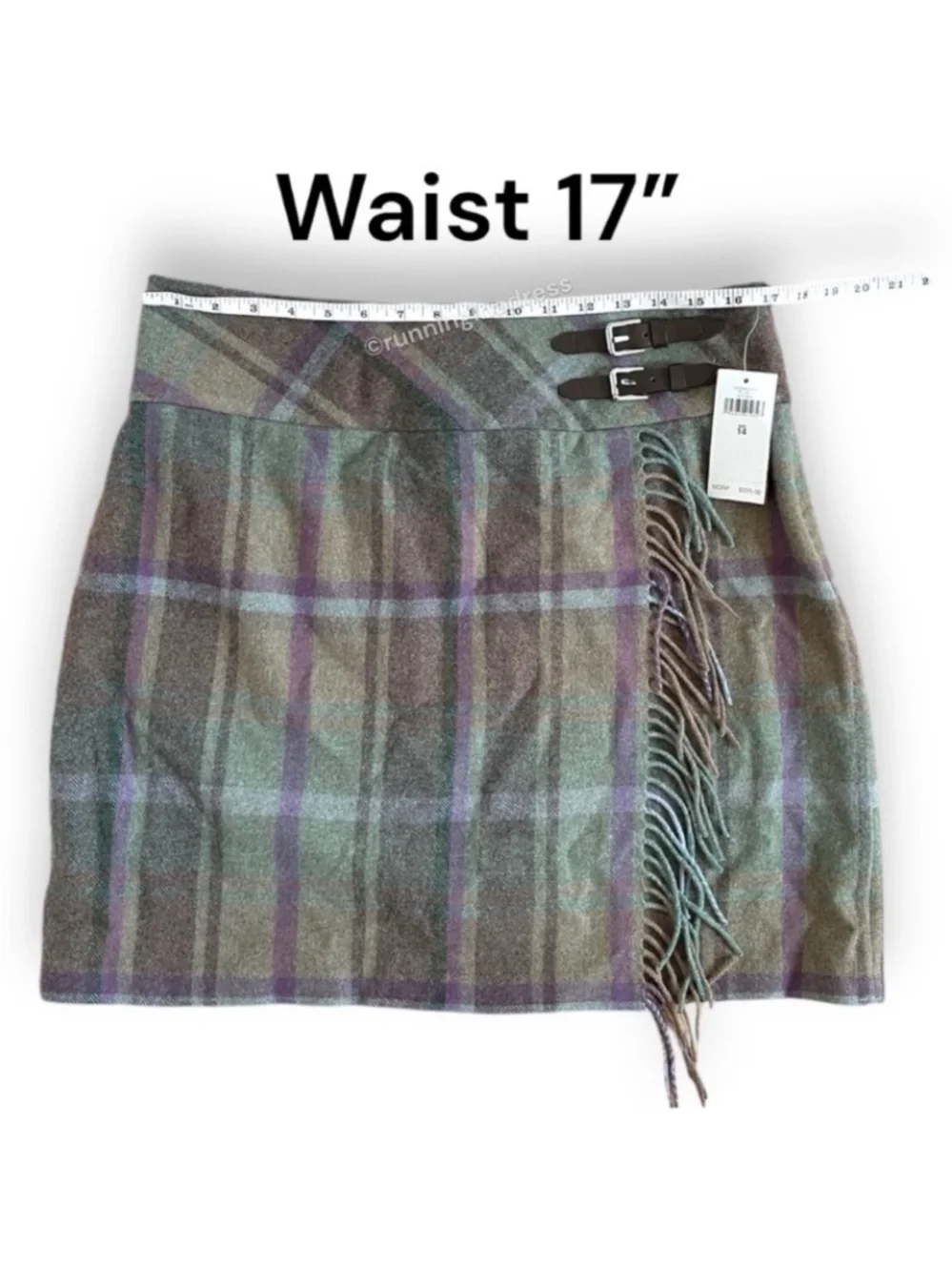NWT Lauren Ralph Lauren Wool Plaid Kilt Skirt Fringe Tweed Wrap Green Purple 14